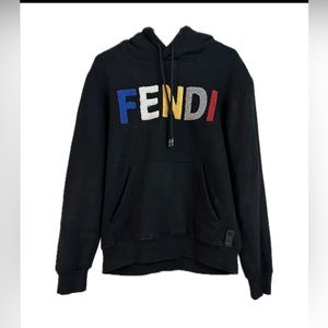 Fendi Medium long Sleeve Shearling-Logo Pullover Hoodie for men.